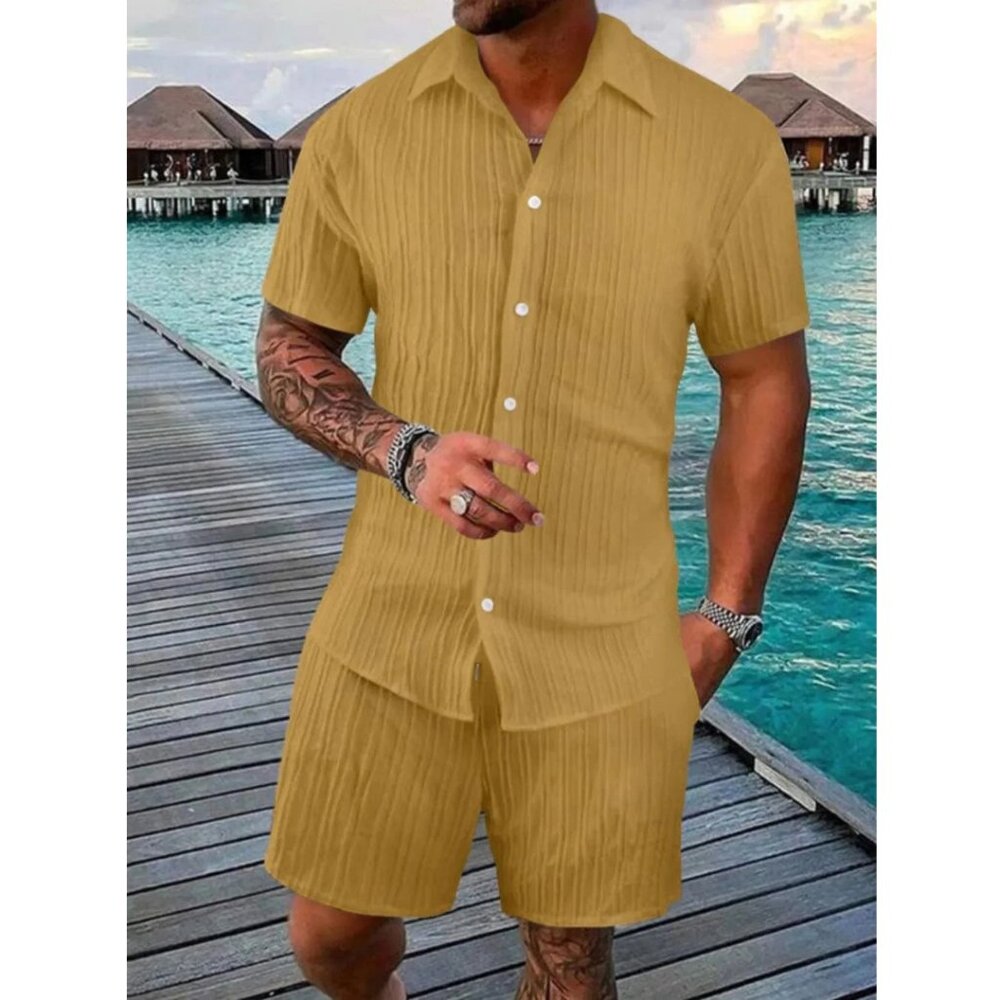 Men's Gold Button Down Short Sleeve Shirt & Shorts Resort Outfit